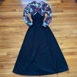 Vintage 70s Black & Brown Maxi Dress Size M Prairie Girl Whimsygoth Retro